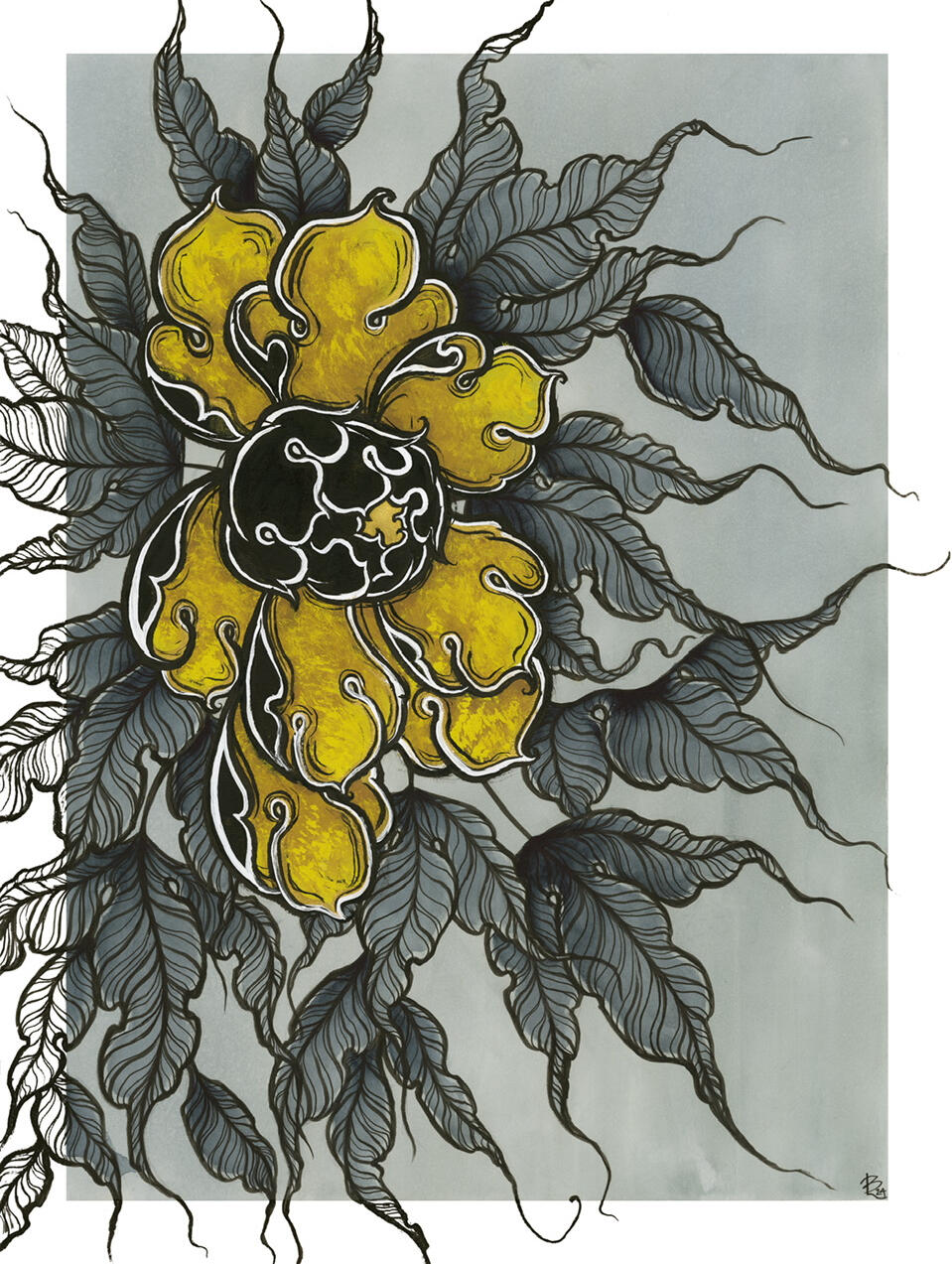 Peony in Payne's Greay Irezumi-inspired golden yellow peony with Payne's grey leaves, painted in ink, watercolor, gouache, and gold mica by Lor BégentIrezumi-inspired golden yellow peony with Payne's grey leaves, painted in ink, watercolor, gouache, and gold mica by Lor Bégent