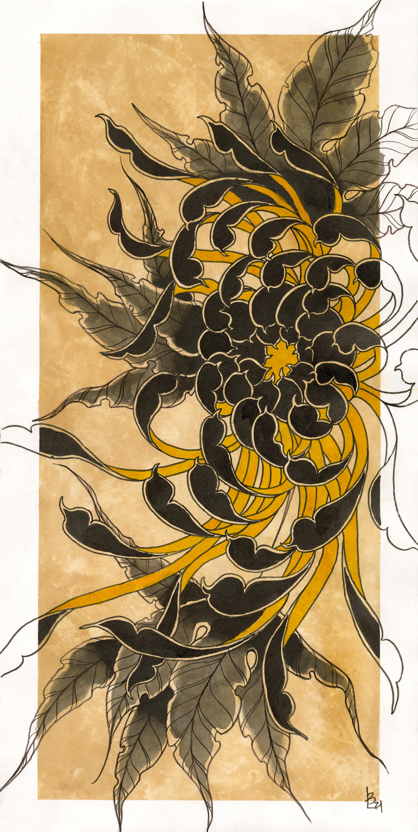 Black & Golden Yellow Chrysanthemum with Black Leaves Black & Golden Yellow Chrysanthemum with Black Leaves
