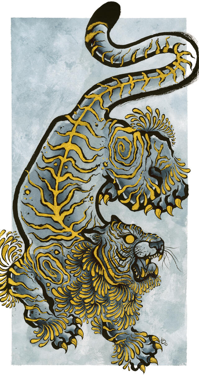 The Kintsugi Tiger A crouching, roaring tiger painting by Lor Begent in Payne's blueish grey, black ink, and golden stripes and accents. Inspired by the art of Kintsugi and Japanese tattoo art. The background is light, ethereal, and cloud-like.