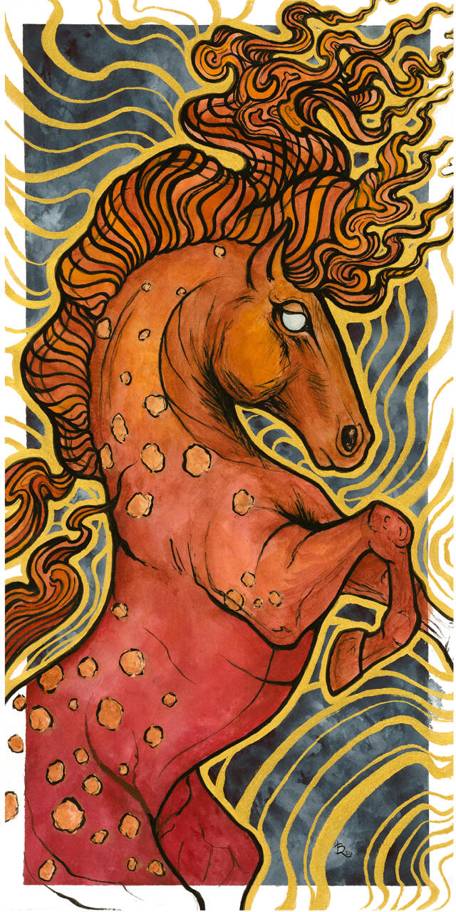 2026 Golden Fire Horse Irezumi-influenced flaming horse painting by Lor Begent with a body gradient from deep reds to mesmerizing oranges, yellows, and gold. The background is a deep blue Payne's grey, with golden waves of movement and power painted in linework around the powerf